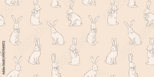 Seamless vintage Easter pattern with hand drawn bunnies wearing bows on a pastel beige background. Ideal for gift wrap, textiles, packaging, wallpapers, greeting cards and spring holiday decor.