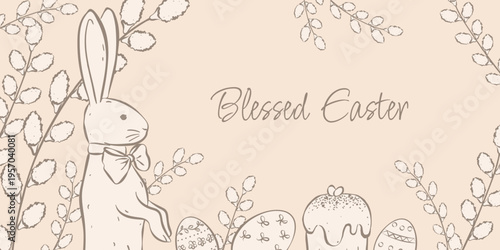 Greeting horizontal background with bunny, cake, eggs and plants for Happy Easter. Design elements in hand drawn ink sketch style in pastel colors. For poster, banner, cover, wallpaper.