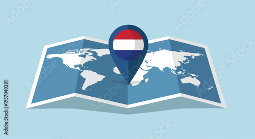 Illustration of a world map with a location pin featuring the Netherlands flag on a blue background.