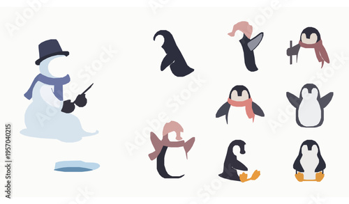 Flat snowman and penguin winter icon set with ice fishing scene vector elements isolated on white
