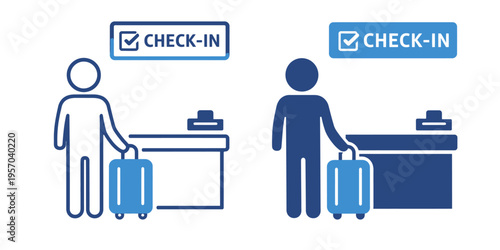Two travelers standing at airport check-in counters with luggage