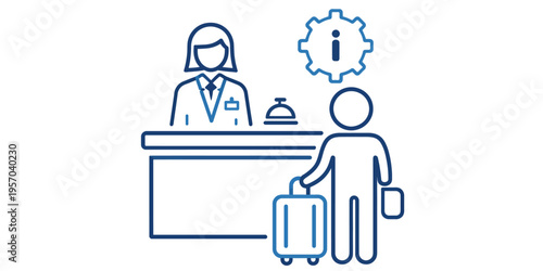 A person checking in at a hotel reception desk with a suitcase and a concerned expression