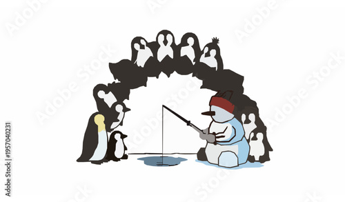 Whimsical snowman fishing on ice with penguin group vector winter scene for kids illustration isolated