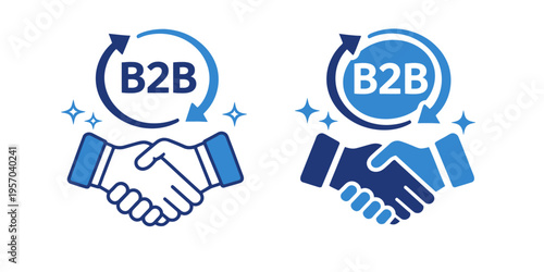 A graphic illustration of two hands shaking with B2B logos, symbolizing business partnerships and agreements.