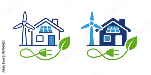 An illustration of eco-friendly homes with renewable energy sources and sustainable power solutions