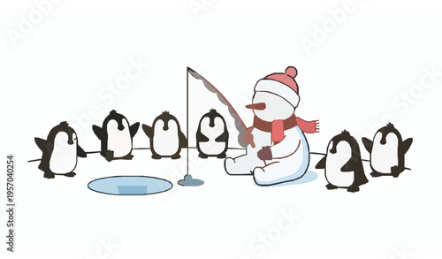 Cute snowman ice fishing with happy penguins vector cartoon winter characters isolated on white background
