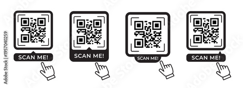 Scan me icon set with QR code and finger tapping. Qrcode click template collection for mobile app