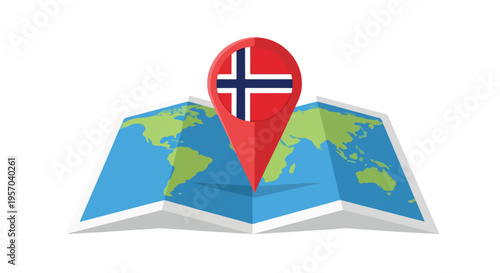 Illustration of a red location pin with the Norwegian flag on a folded world map with green continents on blue oceans.