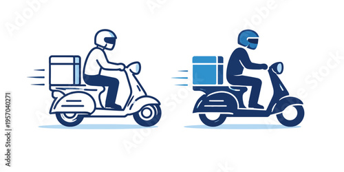 Two delivery riders on scooters with boxes, one in dark blue and one in light blue, riding side by side on a white background.