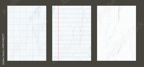Dotted paper sheets collection. Crumpled empty school notebook pages with lines and grids.