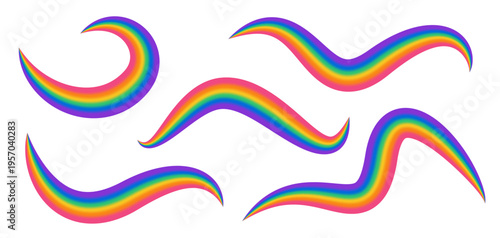 Rainbow line collection. Wavy gradient brush stroke set.