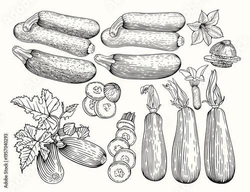 Zucchini set. Vector sketch illustration of farm vegetables.