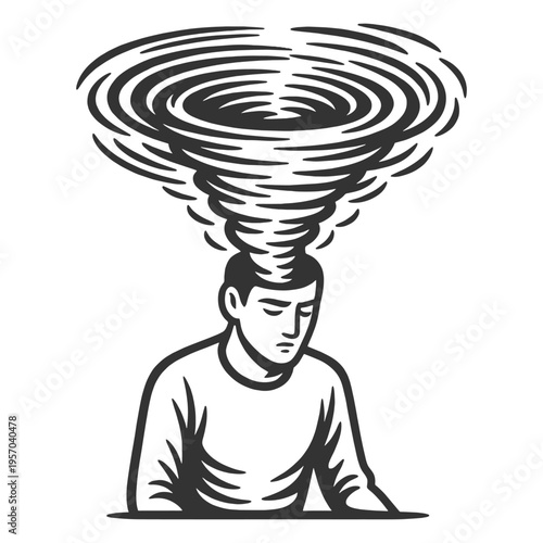man with an open head releasing a swirling tornado of thoughts, overthinking, mental chaos, stress, and psychological overload sketch engraving generative ai vector illustration. Black and white image
