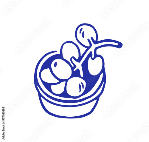 Olive branch, doodle drawing. Oliva snack, Italian food, contour outline sketch in Dolce vita style, ink line handdrawn. Hand-drawn vector illustration isolated on white background