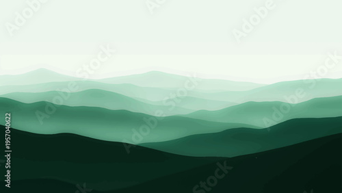 Vector Serene mountain landscape showcases misty layered silhouette, evoke tranquility, ethereal aesthetic and nature beauty and atmospheric scenic and green shades and peaks.