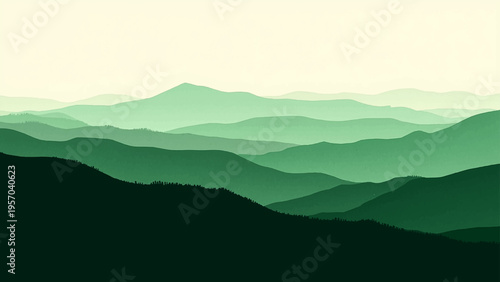 Vector Serene layered green mountain range and tranquil landscape background and soft hazy atmospheric and vast natural beauty and calm peaceful nature scene and gradient tone and inviting panorama.
