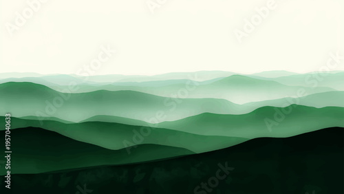 Vector Emerald mountain range layers mist shrouded landscape abstract vista and atmospheric nature view peaceful tranquility and scenic wilderness fresh air and scenic backdrop.