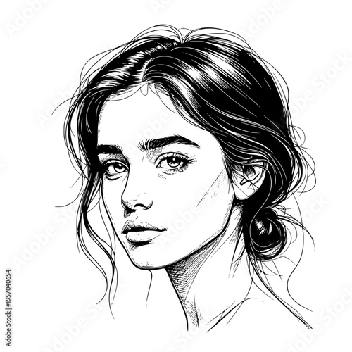 A thoughtful woman's face, long hair pulled back into a bun. Vector illustration. The girl's face is isolated on a white background. Concept for care, mental health, and fatigue from problems.
