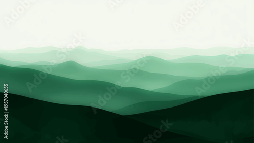 Vector Serene green mountain range landscape and layered peaks and misty valleys and peaceful natural scenery and calm and tranquil atmosphere and fresh mountain air and scenic view.