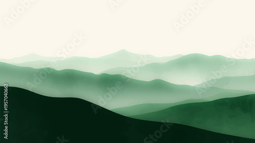 Vector Serene green mountain range landscape serene misty view and nature peacefulness inspiring mountain scene and rolling landscape natural beauty vast open spaces and tranquil environment.