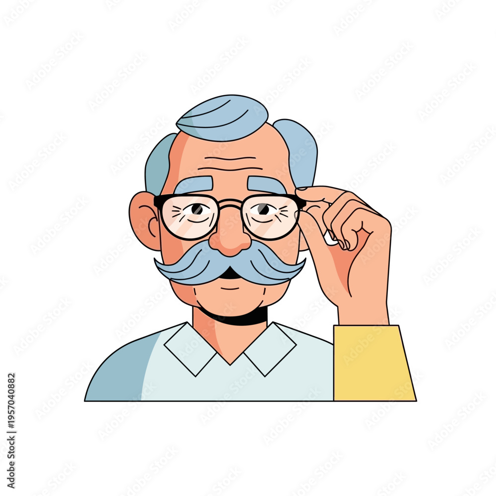 Fototapeta premium Elderly Man Adjusting Glasses, Cartoon Style Portrait