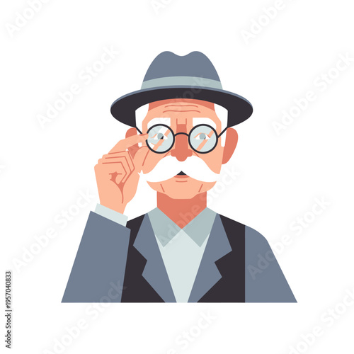 Elderly Gentleman Adjusting Glasses, Distinguished Senior Man with Fedora Hat