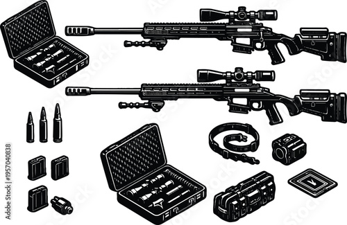 Black and White Sniper Rifle Silhouette Icons Set Vector Illustration Clip Art Bundle Tactical Sniper Gun with Scope Ammo Magazine Suppressor Bipod Case Accessories
