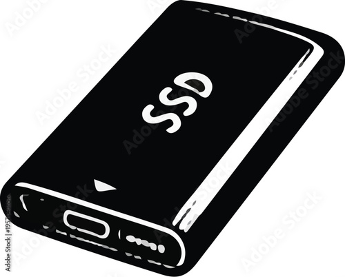Black and White Portable SSD External Solid State Drive USB C Vector Illustration Clip Art Icon Modern Storage Device