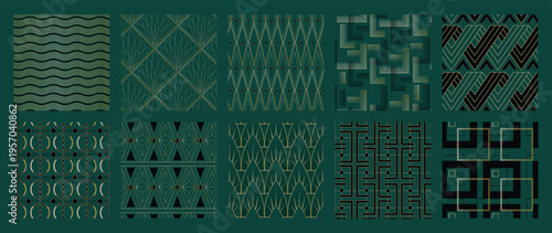 Seamless art deco patterns set featuring golden geometric lines and abstract shapes on green