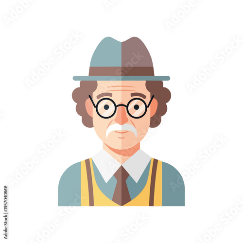 Elderly Gentleman Portrait, Flat Design Avatar, Retro Style