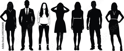 Diverse people silhouettes collection, men women standing poses, casual and formal styles, isolated human figures, lifestyle vector illustration set