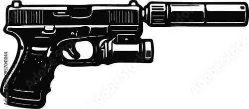 Black and White Pistol with Suppressor Silencer Silhouette Vector Illustration Clip Art Icon Tactical Suppressed Handgun