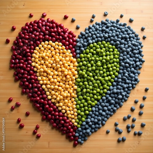 Colorful Candy Mosaic Heart on Wood Grain Background