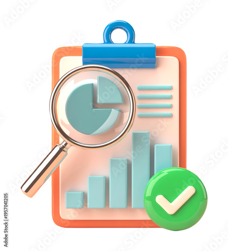 3D Data Analytics Clipboard with Charts Magnifying Glass and Approval Checkmark Icon