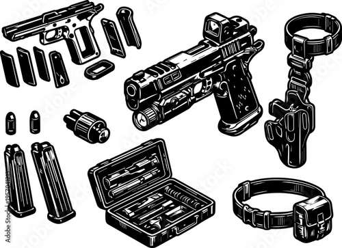 Black and White Tactical Pistol Silhouette Icons Set Vector Illustration Clip Art Bundle Handgun with Flashlight Laser Sight Suppressor Magazine Holster Case Accessories