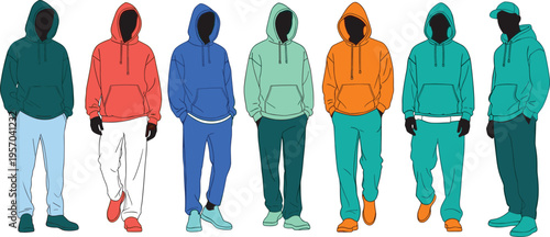 Faceless hoodie characters walking streetwear fashion set modern urban people illustration diverse casual outfits trendy youth lifestyle design