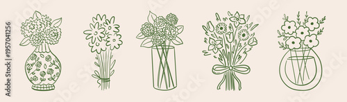 Hand-drawn line art floral bouquets with wildflowers, hydrangeas, leaves and herbs. Sketch ink silhouettes of rural flowers. Quirky botanical illustrations. Vector graphic