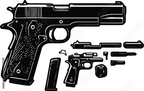 Black and White 1911 Pistol Silhouette Icons Set Vector Illustration Clip Art Bundle Classic 45 ACP Handgun with Parts Magazine Suppressor Accessories Disassembled View