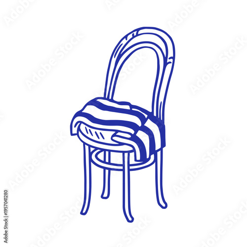 Vintage bentwood chair with towel throw on round seat. Italian doodle sketch ...