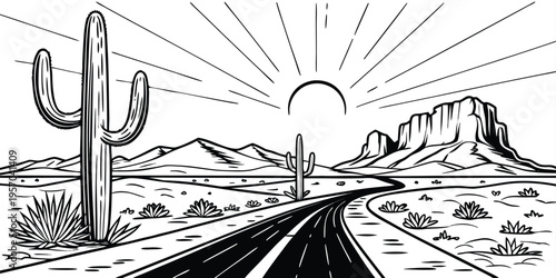 A detailed, black and white line drawing depicting a desert landscape under a bright sun. The image is centered around a straight road stretching towards the horizon, framed by the desert environment.