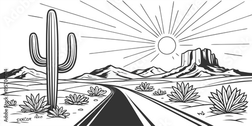 A detailed, black and white line drawing depicting a desert landscape under a bright sun. The image is centered around a straight road stretching towards the horizon, framed by the desert environment.