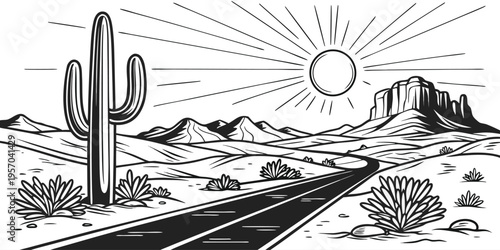 A detailed, black and white line drawing depicting a desert landscape under a bright sun. The image is centered around a straight road stretching towards the horizon, framed by the desert environment.