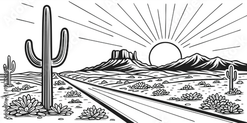 A detailed, black and white line drawing depicting a desert landscape under a bright sun. The image is centered around a straight road stretching towards the horizon, framed by the desert environment.