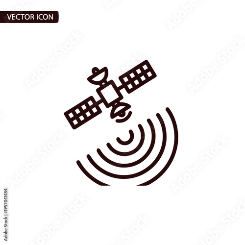 A communication satellite icon transmits signals in concentric waves, symbolizing global connectivity and space technology.