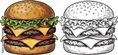 Retro hand drawn hamburger vector set in vintage engraving sketch style