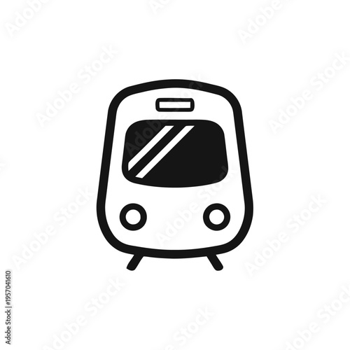 Front view simple black and white line art icon representing a modern commuter train or subway vehicle head isolated on a white canvas.