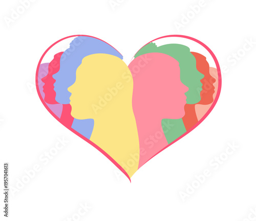 Happy International Mother's Day. Women of different nationalities stand together. Silhouette of mothers symbol of love for mom.