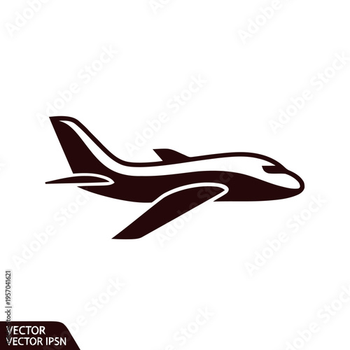 A dark silhouette illustration of a modern passenger airplane in flight symbolizes air travel and aviation industry concepts against white.