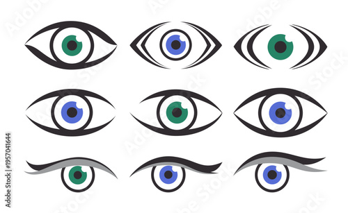 Human eye sign, vision icon collection. Open colored eye on a white background.