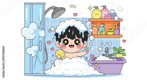 A cartoon boy with black hair playing with a yellow toy in a bubble bath with a purple tub and shower in the background with a colorful bathroom shelf